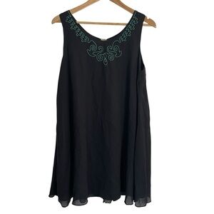 Vintage Black Dress with Teal Embroidery Double Georget Size Medium